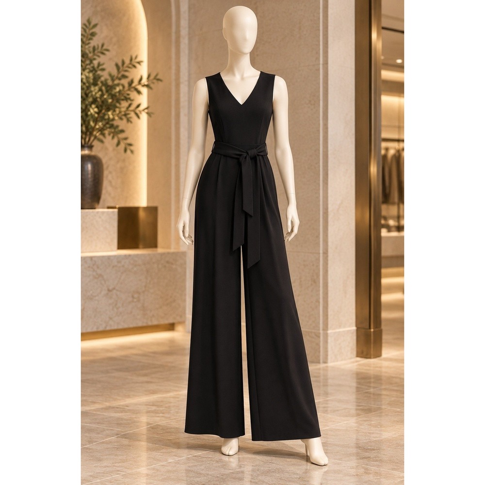 Calvin Klein Womens Jumpsuit Black Wide Leg Tie Waist 8
